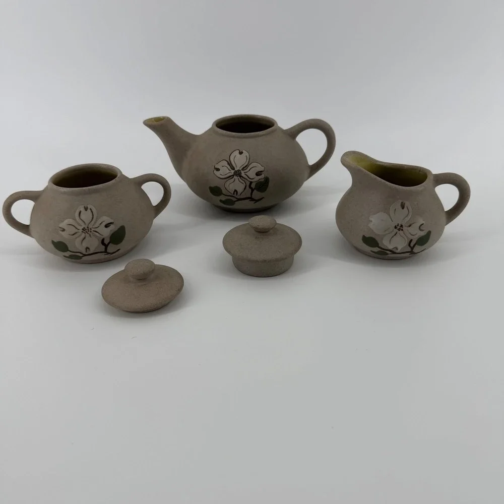 Pigeon River Pottery Creamer Sugar Teapot Set Dogwood Flower Handmade‎ 3pc VTG